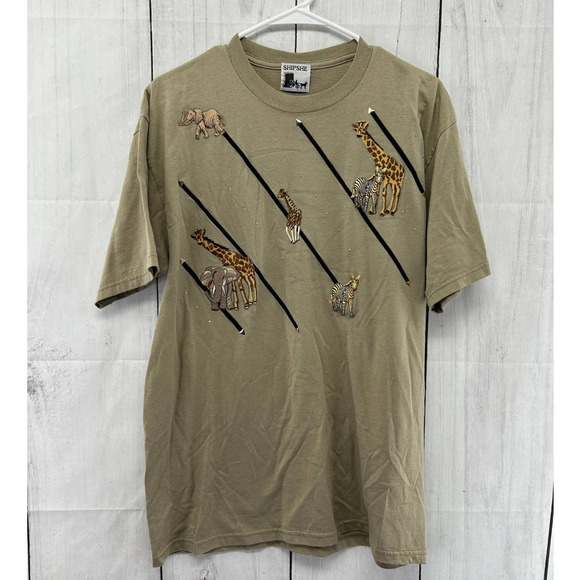 Shipshe Amish Made Safari Animal Patch and Embroidered Short Sleeve Top EUC - Picture 1 of 3